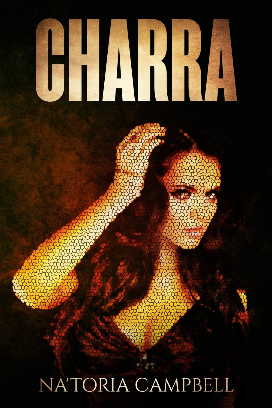 Book cover for Charra by NaToria Campbell: a warm mosaic portrait of a woman in golden light beneath the title CHARRA